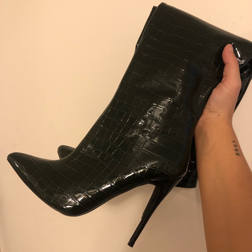 Dark Green Croc Thigh High Boots with Heel- Fashion Nova